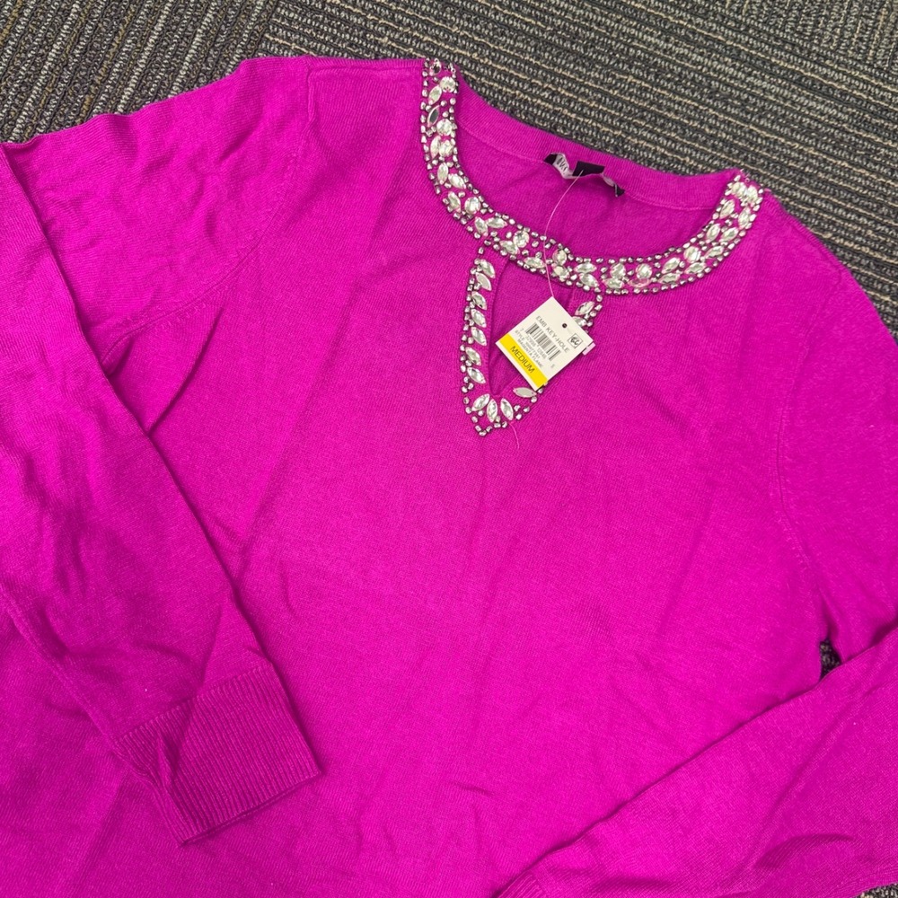INC International Concepts Women Magenta Jewel Embellish Keyhole Neck Sweater M